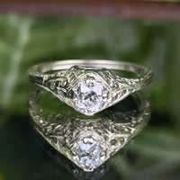Antique 13K White Gold Old European Cut Diamond Solitaire Filigree Ring - Size 7