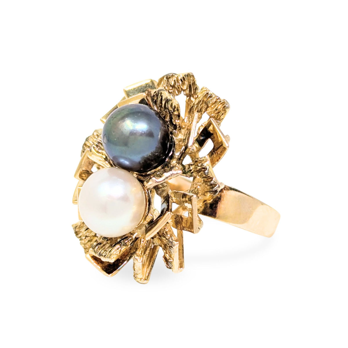 Vintage 10K Gold Double Pearl Brutalist Cocktail Ring - Size 6