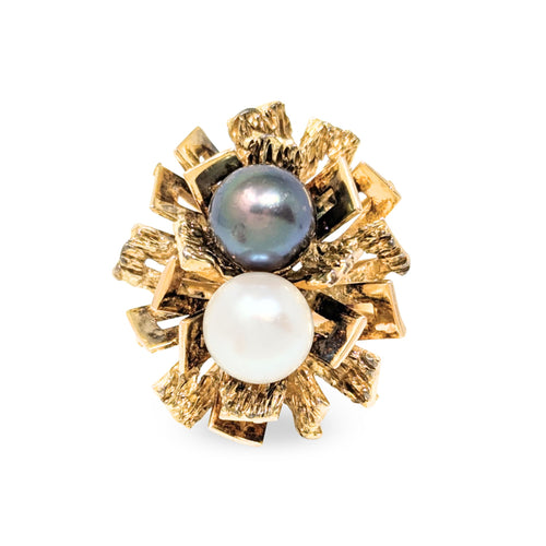 Vintage 10K Gold Double Pearl Brutalist Cocktail Ring - Size 6
