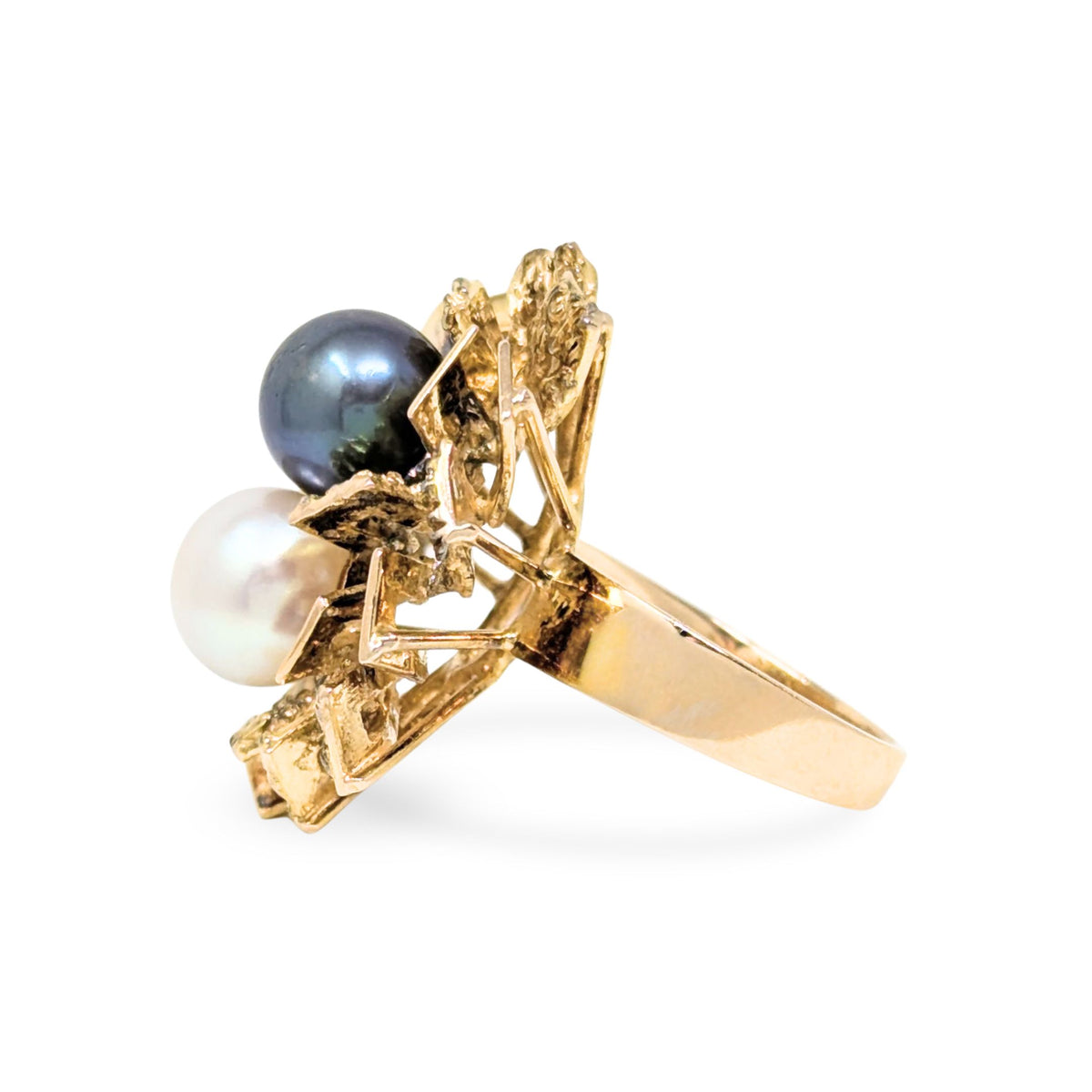 Vintage 10K Gold Double Pearl Brutalist Cocktail Ring - Size 6