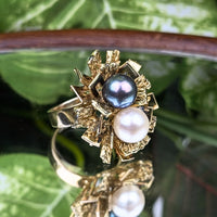 Vintage 10K Gold Double Pearl Brutalist Cocktail Ring - Size 6