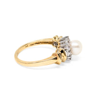 10K Gold Pearl & Diamond Halo Ring - Size 7.25