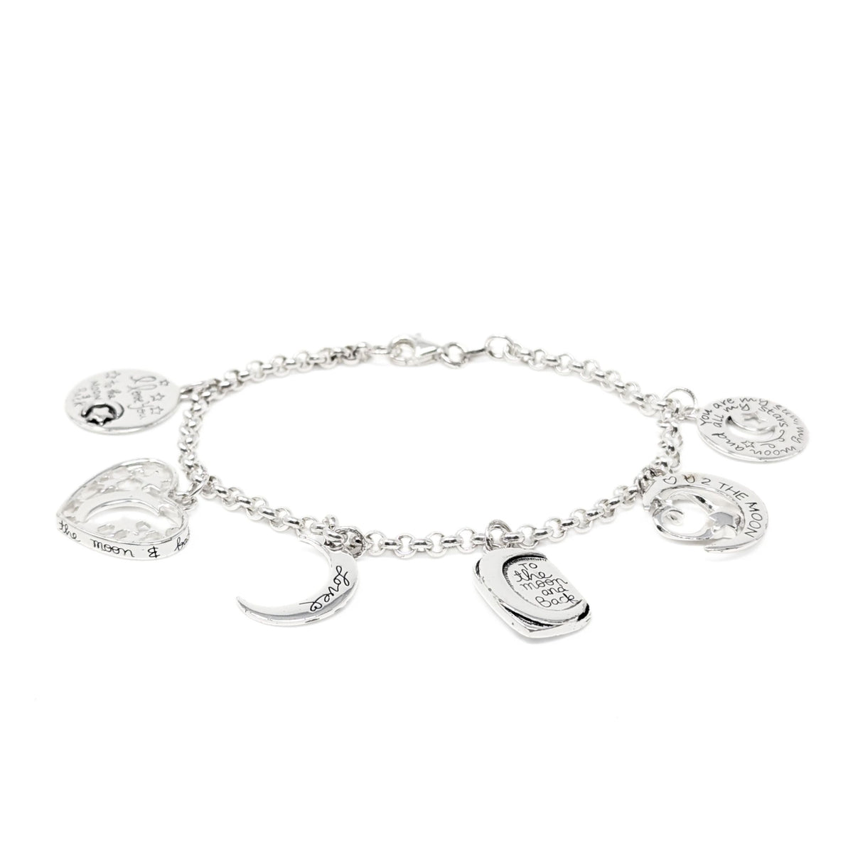Sterling Silver 7.5" Moon & Stars Love Charm Bracelet