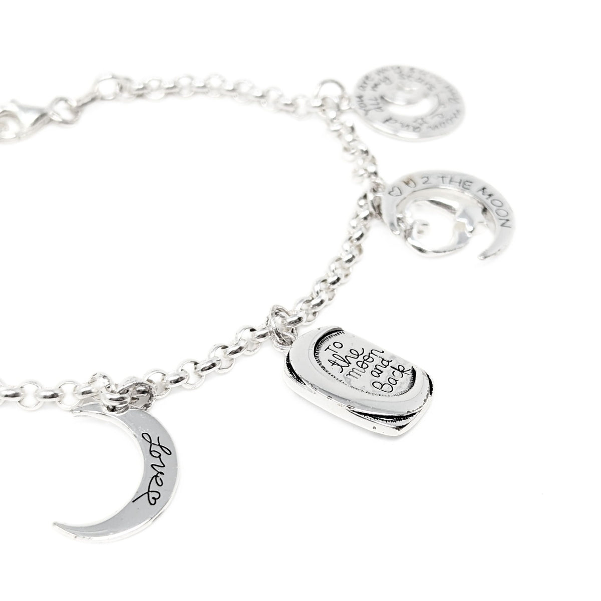Sterling Silver 7.5" Moon & Stars Love Charm Bracelet