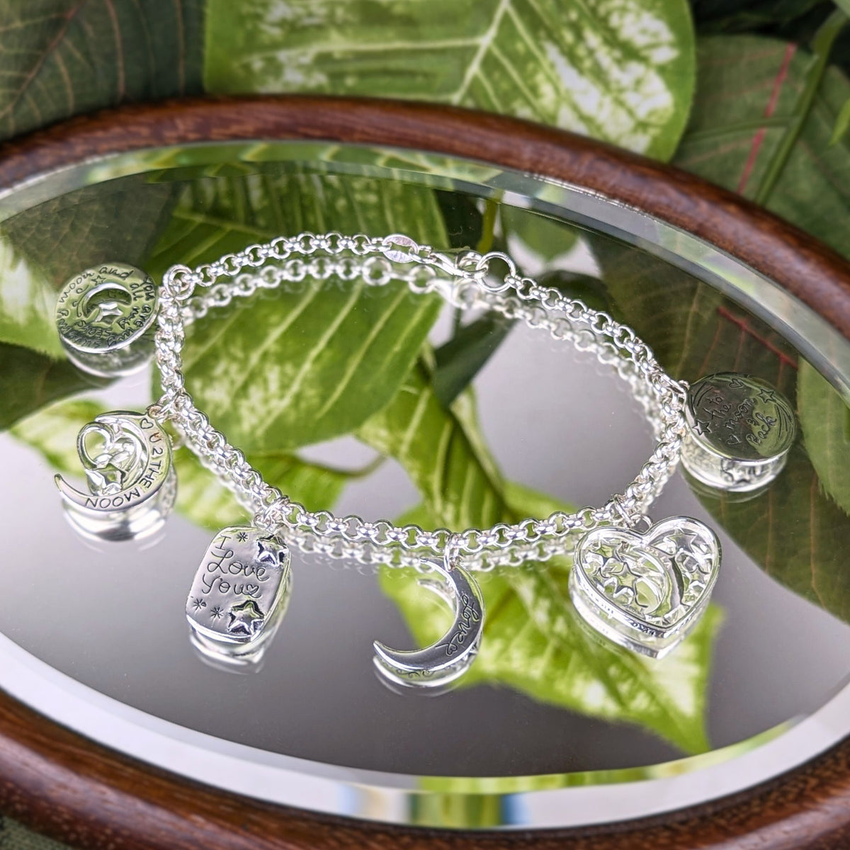 Sterling Silver 7.5" Moon & Stars Love Charm Bracelet