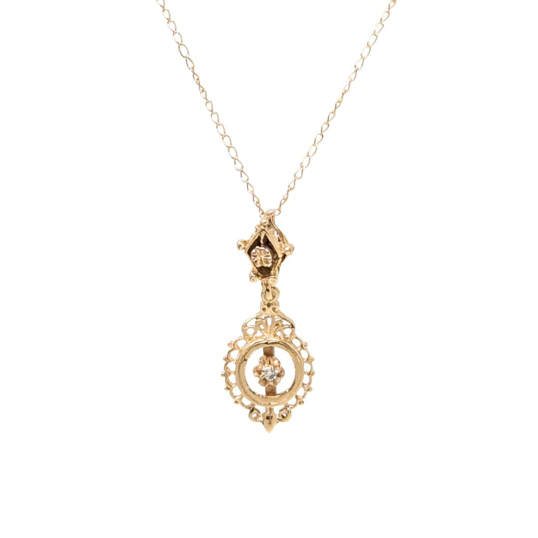 13K Gold & Diamond Victorian Style 18” Pendant Necklace