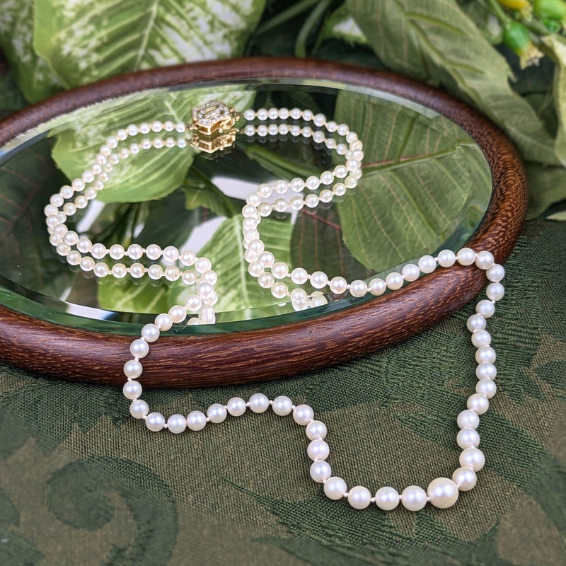 Vintage 14K Gold 21" Graduated Pearl & Diamond Necklace