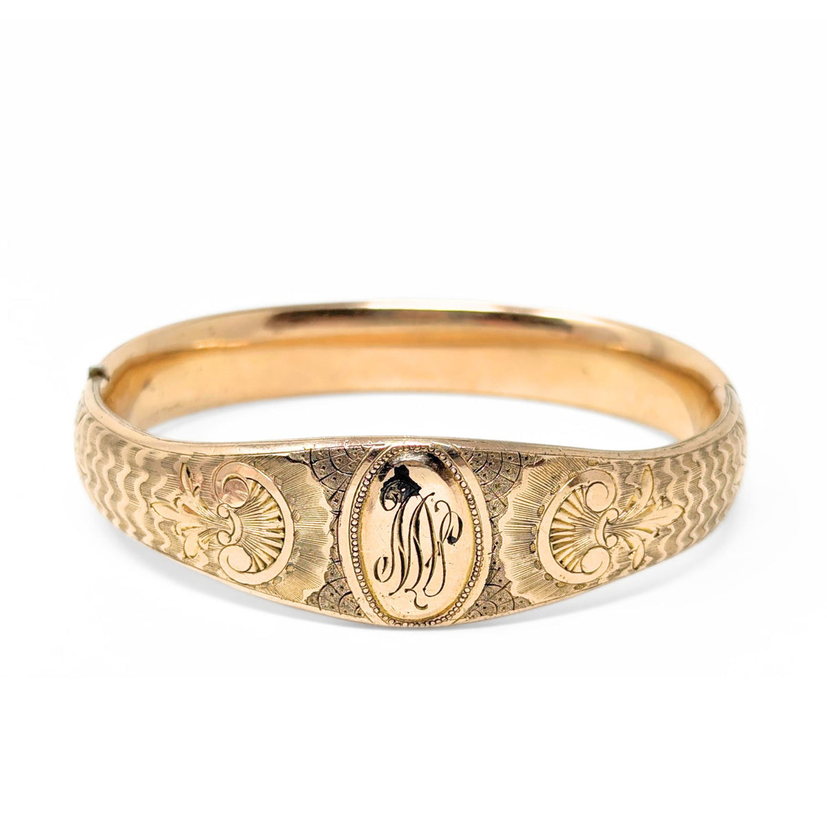 Victorian Gold Filled Monogrammed & Etched Hinged Bangle Bracelet