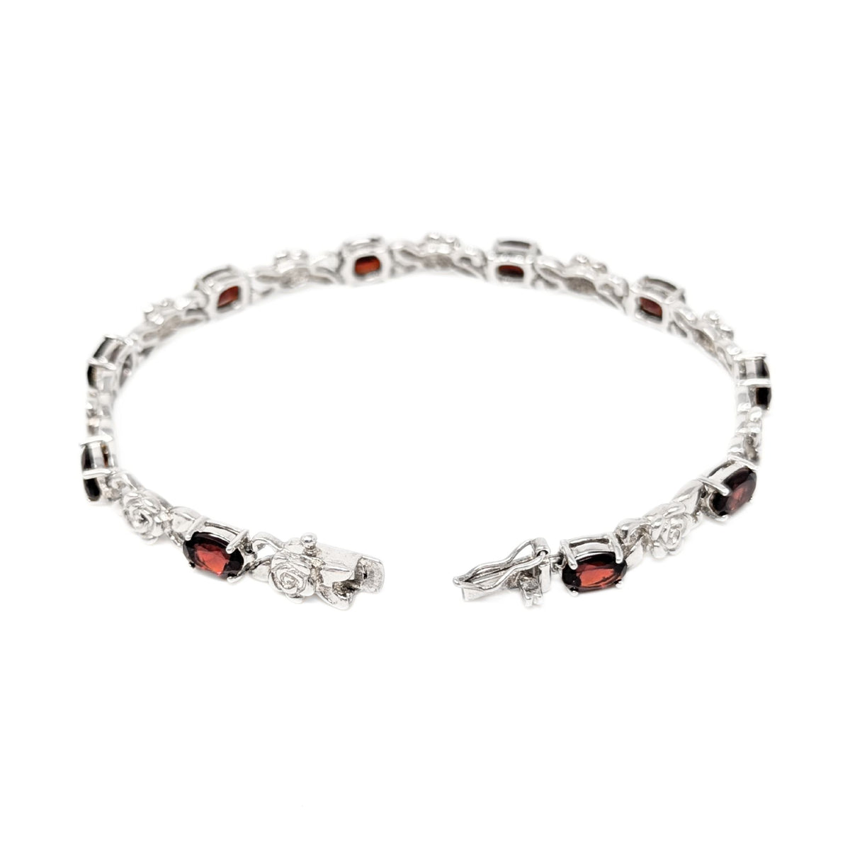 Sterling Silver & Garnet Rose Themed Link Bracelet