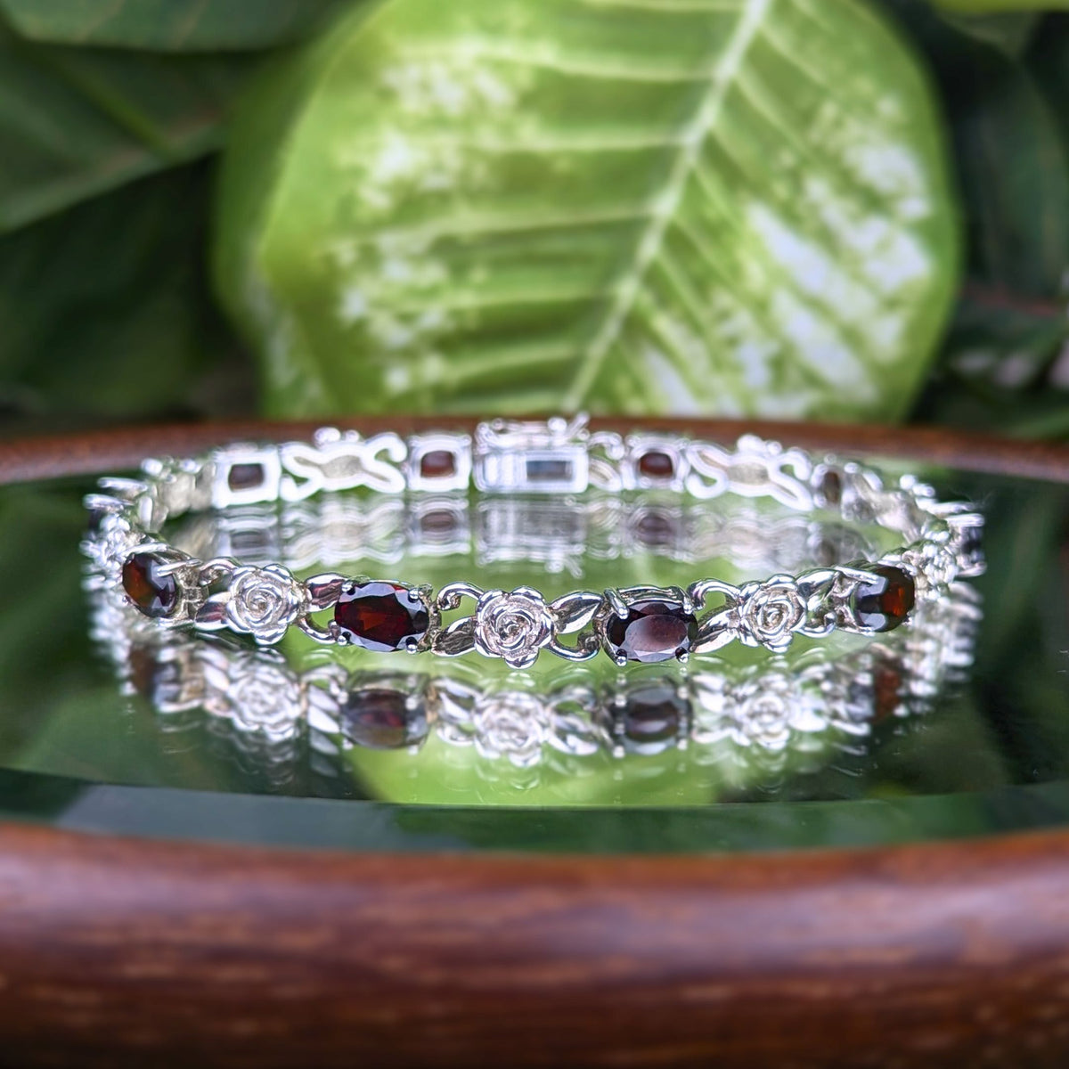 Sterling Silver & Garnet Rose Themed Link Bracelet