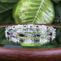 Sterling Silver & Garnet Rose Themed Link Bracelet