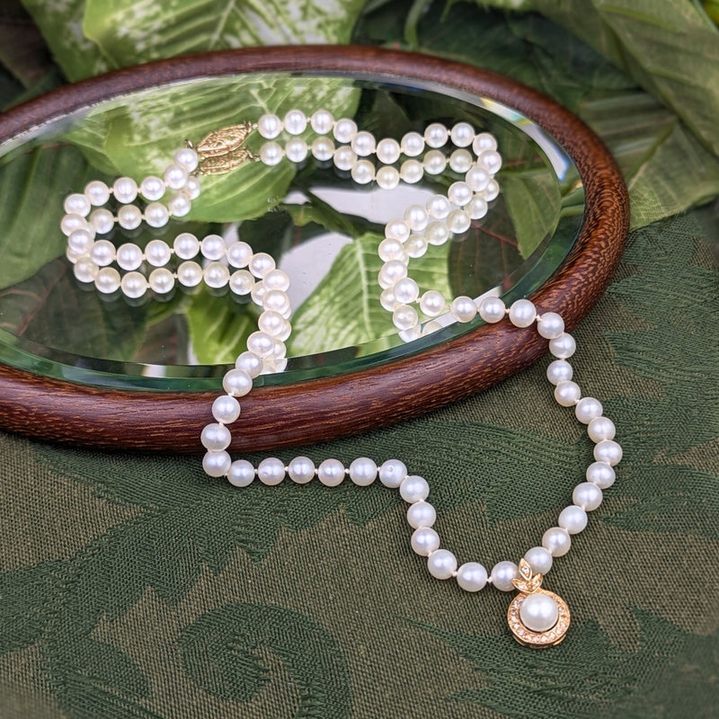 13K/14K Gold 5.5mm Pearl & Diamond 19" Drop Necklace