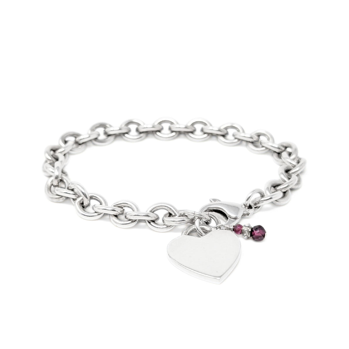 Sterling Silver 8” Rolo Link Heart ID Bracelet
