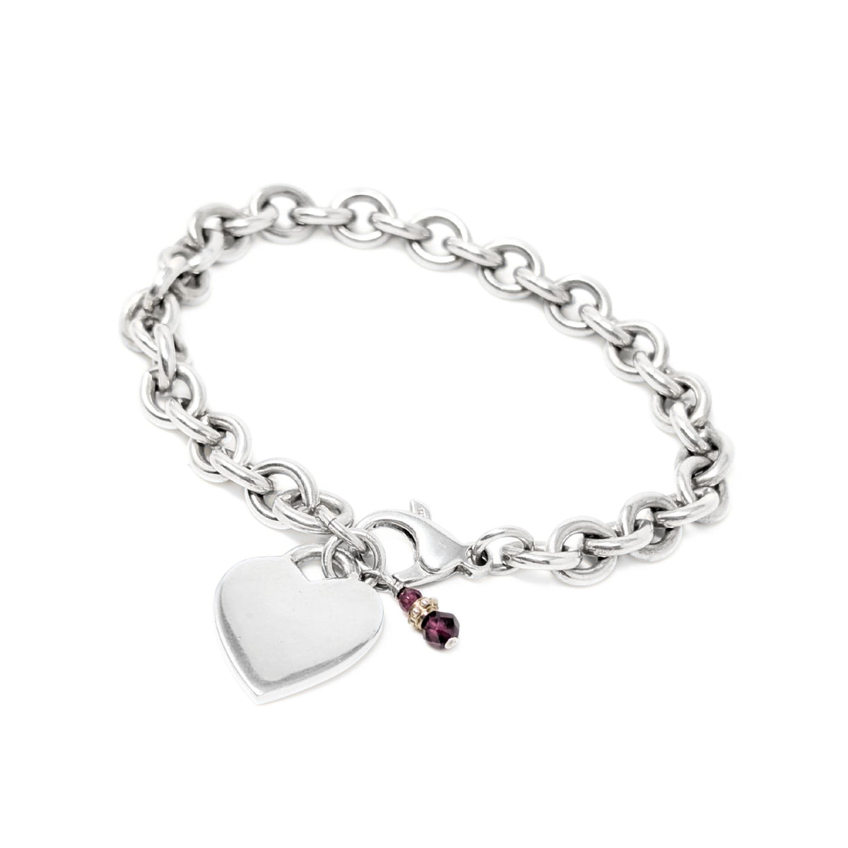Sterling Silver 8” Rolo Link Heart ID Bracelet