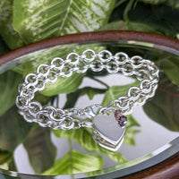 Sterling Silver 8” Rolo Link Heart ID Bracelet