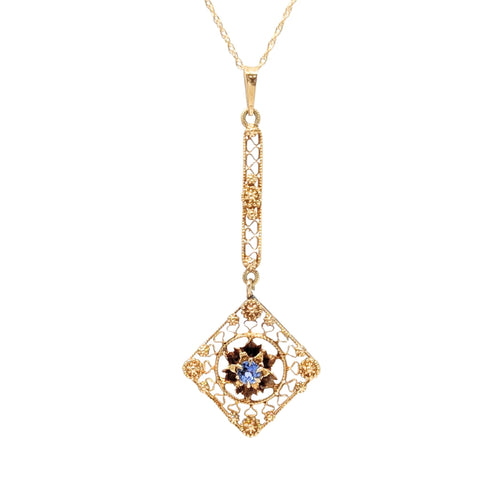 Victorian 13K Gold Filigree Blue Topaz Drop Pendant Necklace