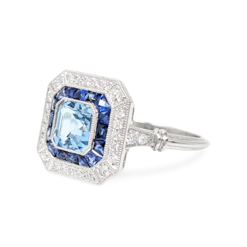 EDJ Platinum Aspen Double Halo Aquamarine, Sapphire, & Diamond Ring