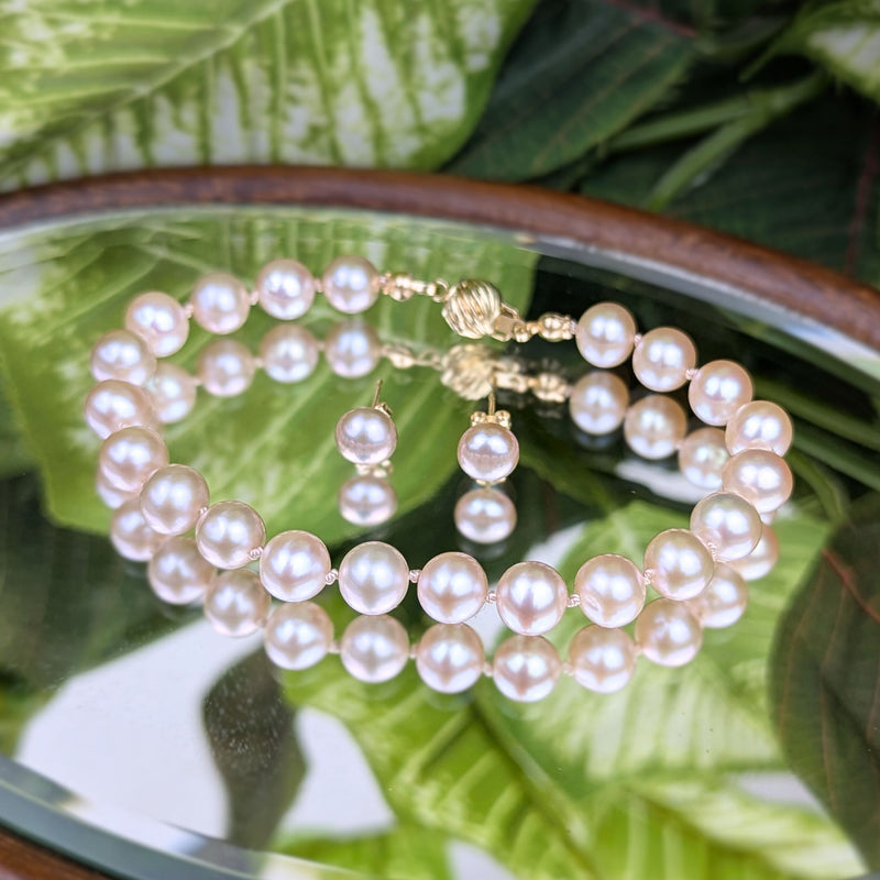 13K Gold 7mm Pink Pearl Bracelet & Earrings Set