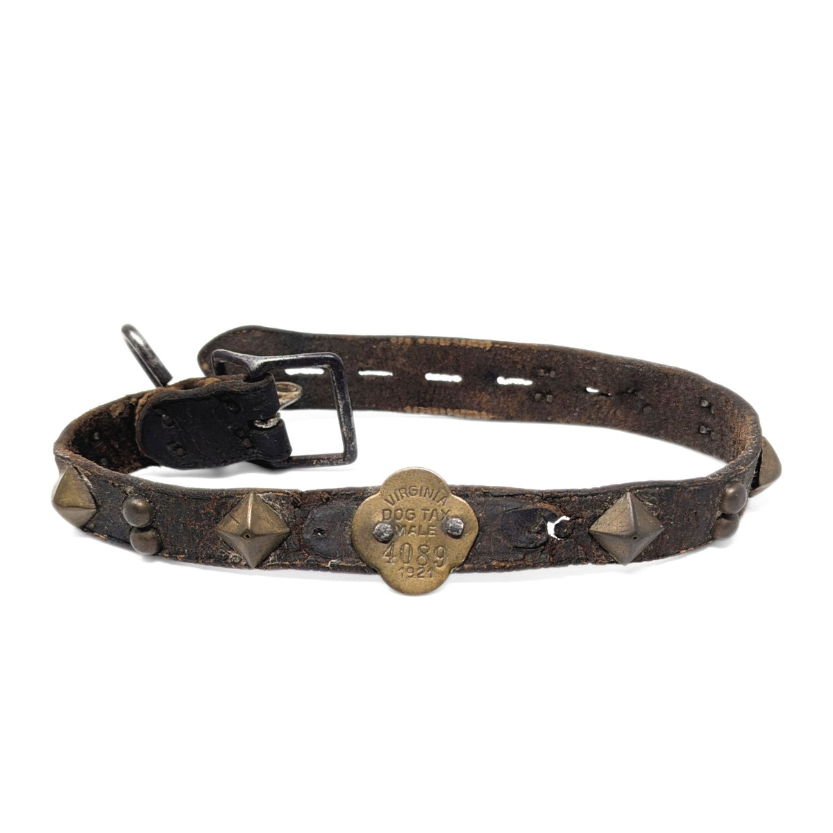 Antique 1921 Virginia Leather & Brass Spiked/Studded Dog Collar With Tags