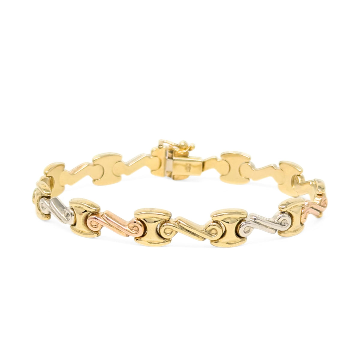 Damas Dubai 18K Tri-Color Gold 8.4mm 7” Fancy Link Bracelet