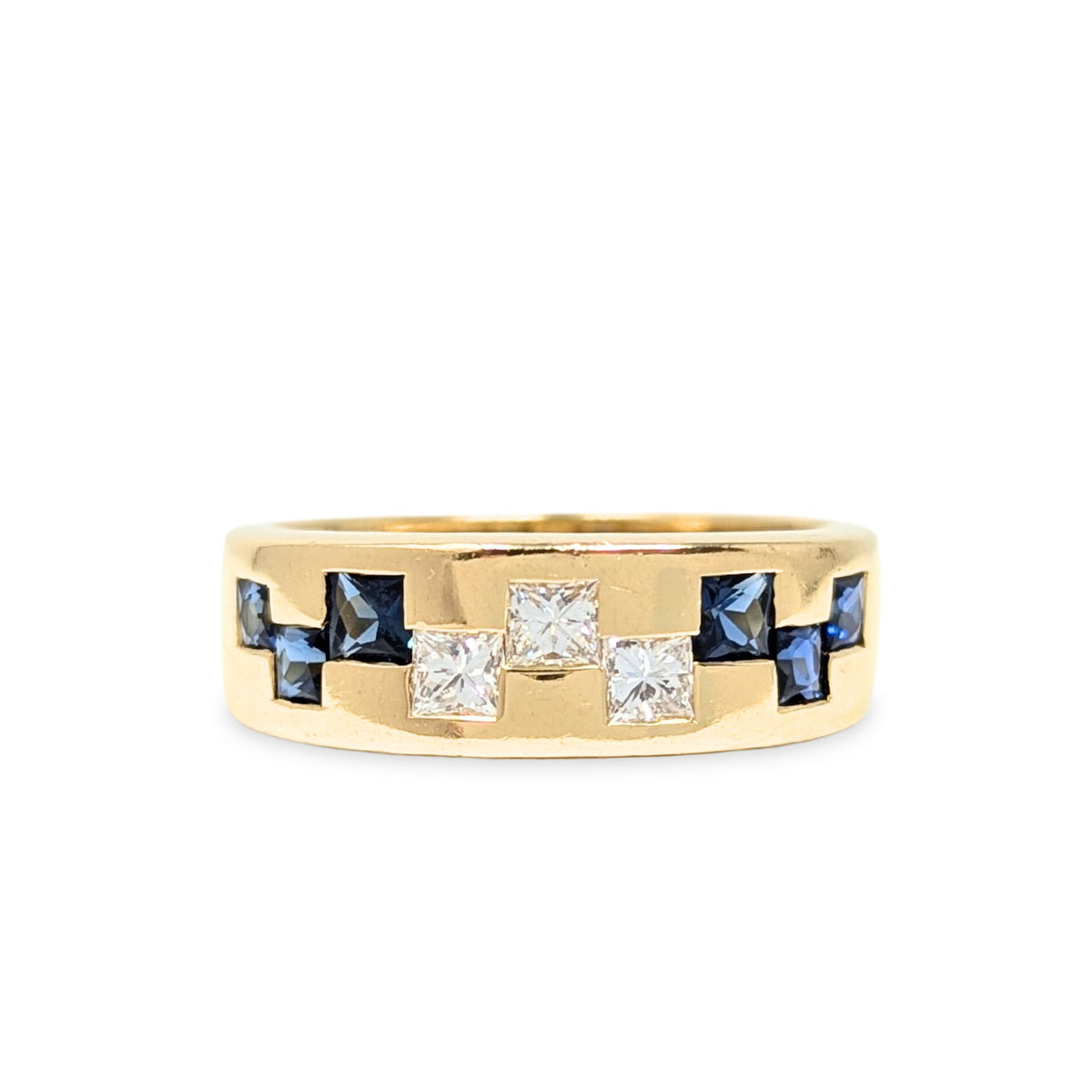 18K Gold Diamond & Sapphire Band - Size 7.25