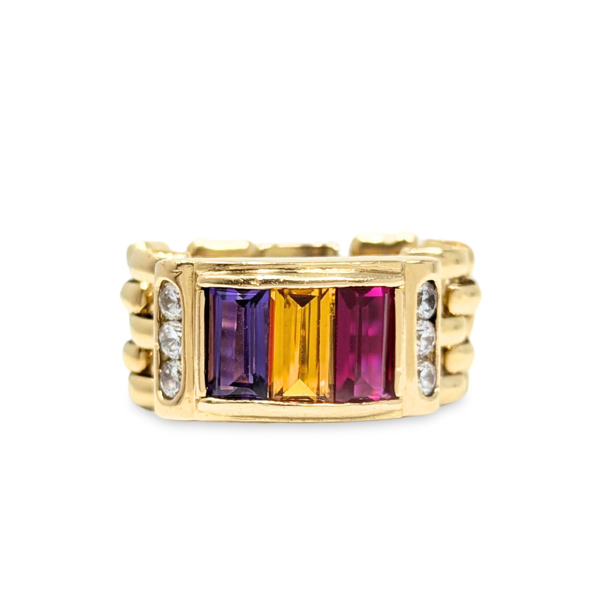 Italian 18K Gold Diamond & Rainbow Gemstone Link Ring - Size 7