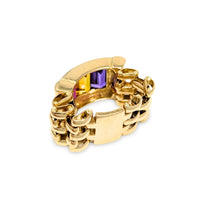 Italian 18K Gold Diamond & Rainbow Gemstone Link Ring - Size 7