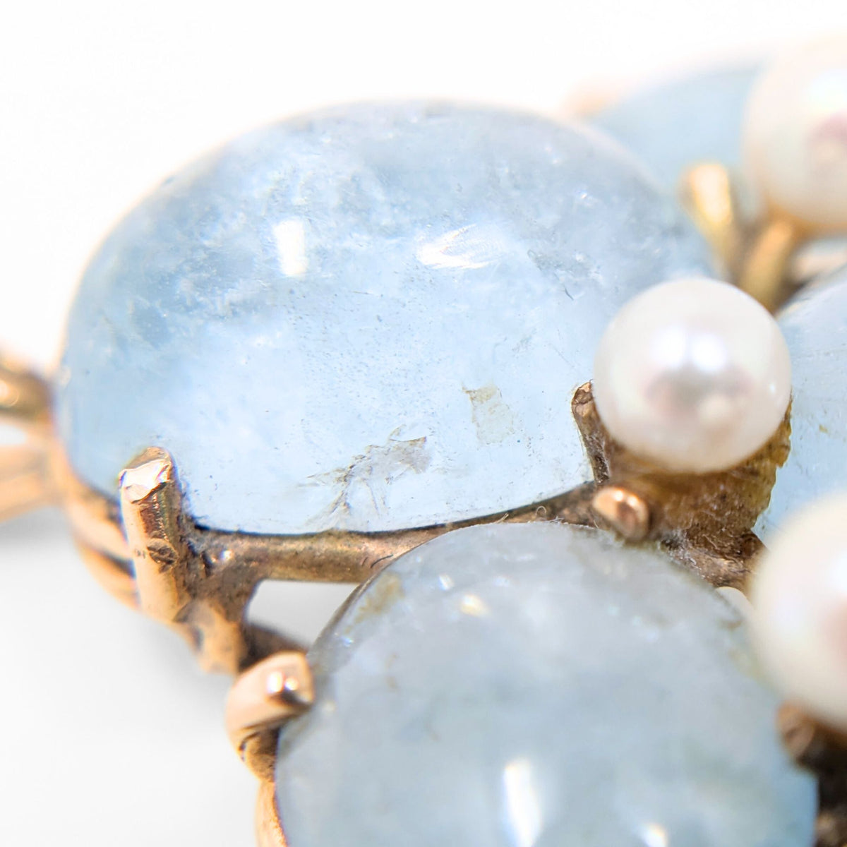 14K Gold Blue Topaz Cabochon & Pearl Pendant