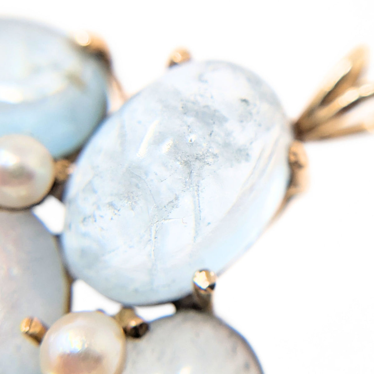 14K Gold Blue Topaz Cabochon & Pearl Pendant