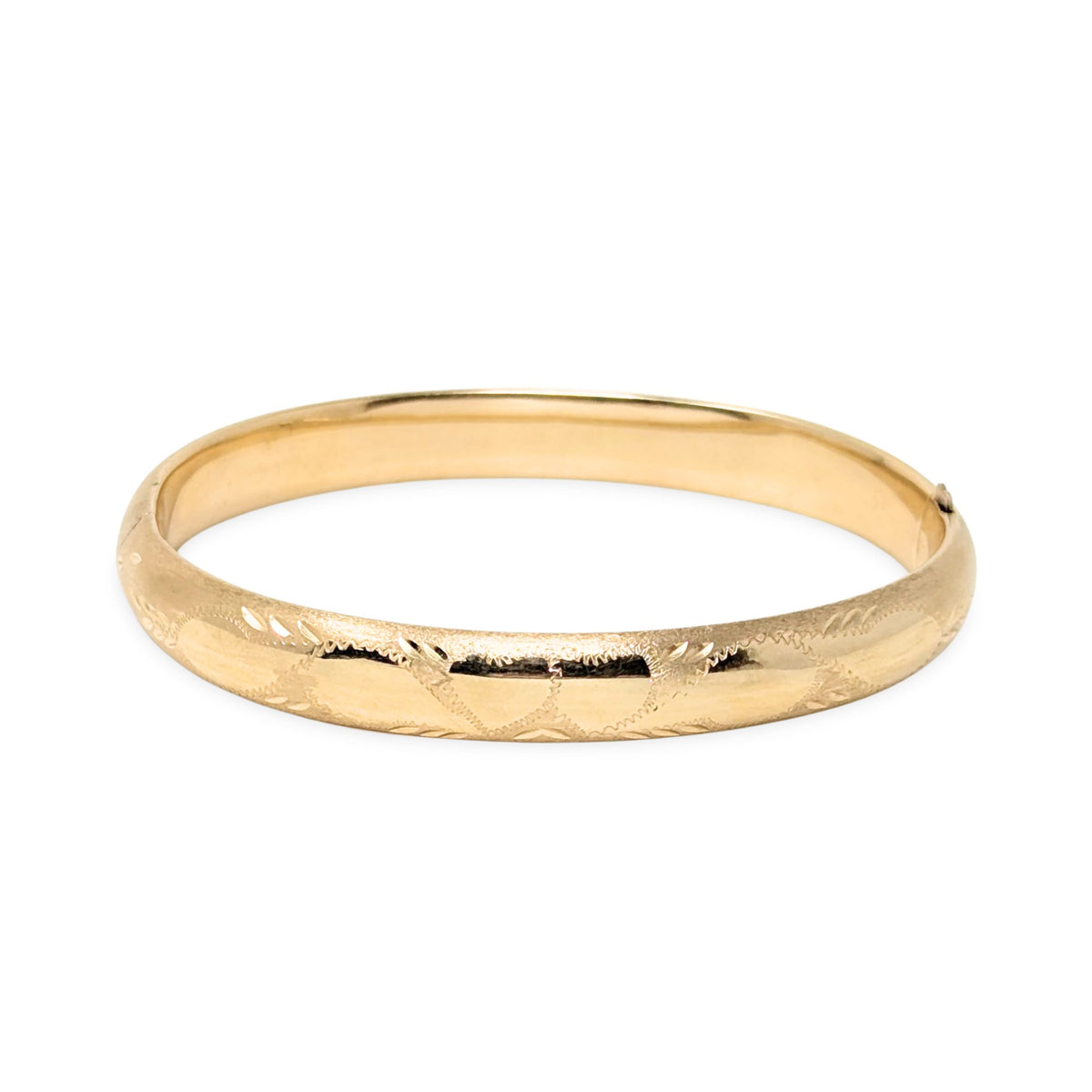 1950’s 14K Gold Etched Brush Finished 7" Hinged Bangle Bracelet