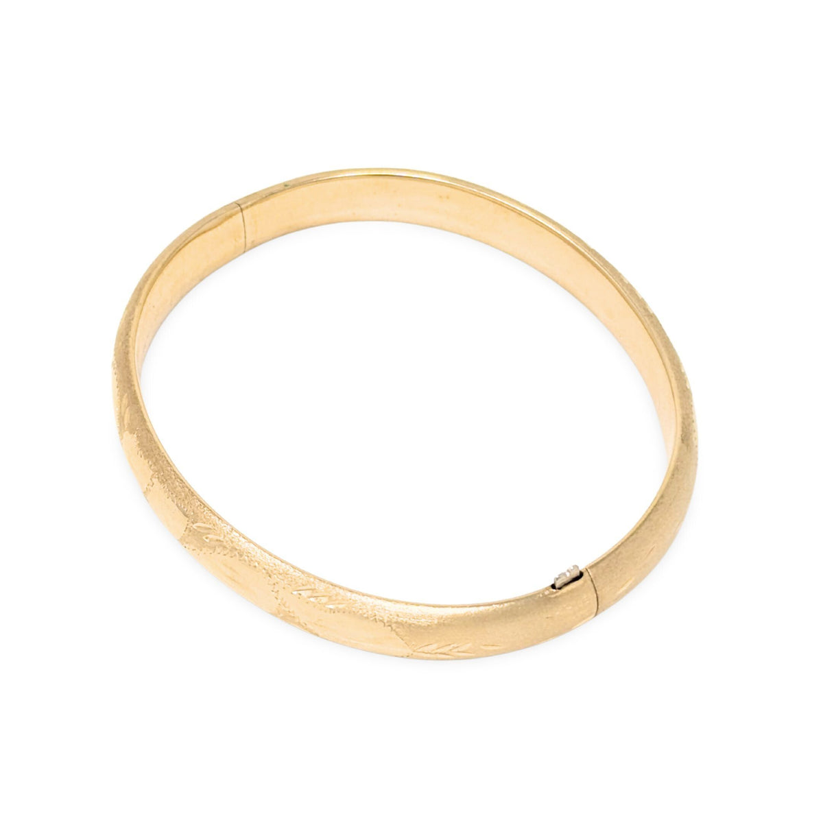 1950’s 14K Gold Etched Brush Finished 7" Hinged Bangle Bracelet