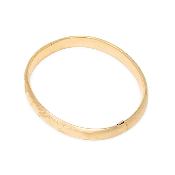 1950’s 14K Gold Etched Brush Finished 7" Hinged Bangle Bracelet