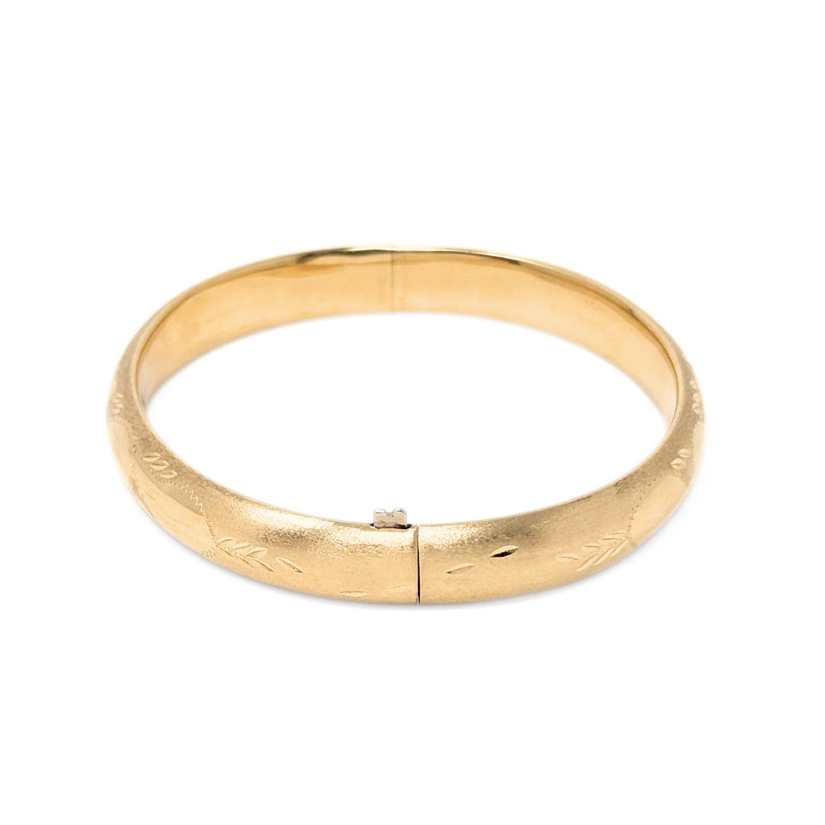 1950’s 14K Gold Etched Brush Finished 7" Hinged Bangle Bracelet
