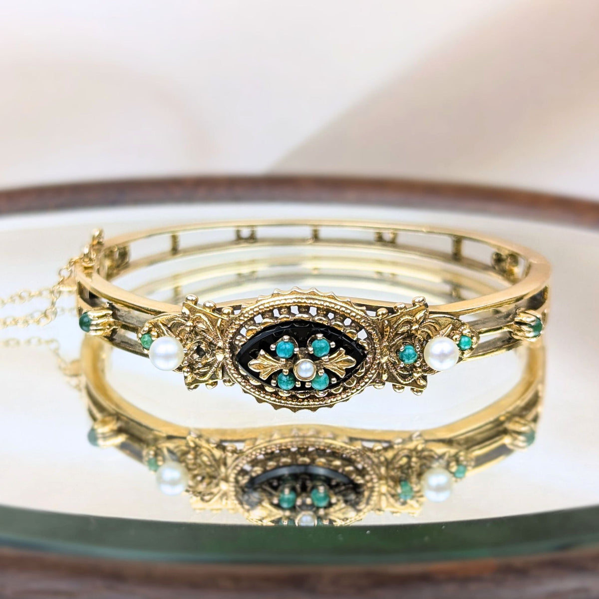 13K Gold, Pearl, Green Jade, & Onyx Victorian Style Hinged Bangle Bracelet