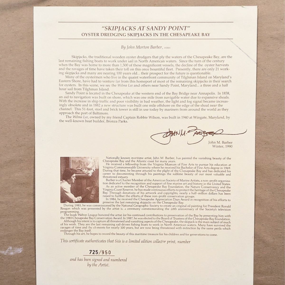 John Barber "Skipjacks of Sandy Point" Limited Edition Print with COA, 1990