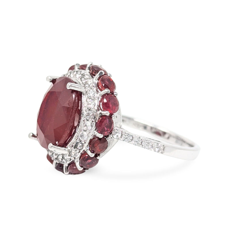 Chuck Clemency Sterling, Ruby, & White Topaz Cocktail Ring - Size 10