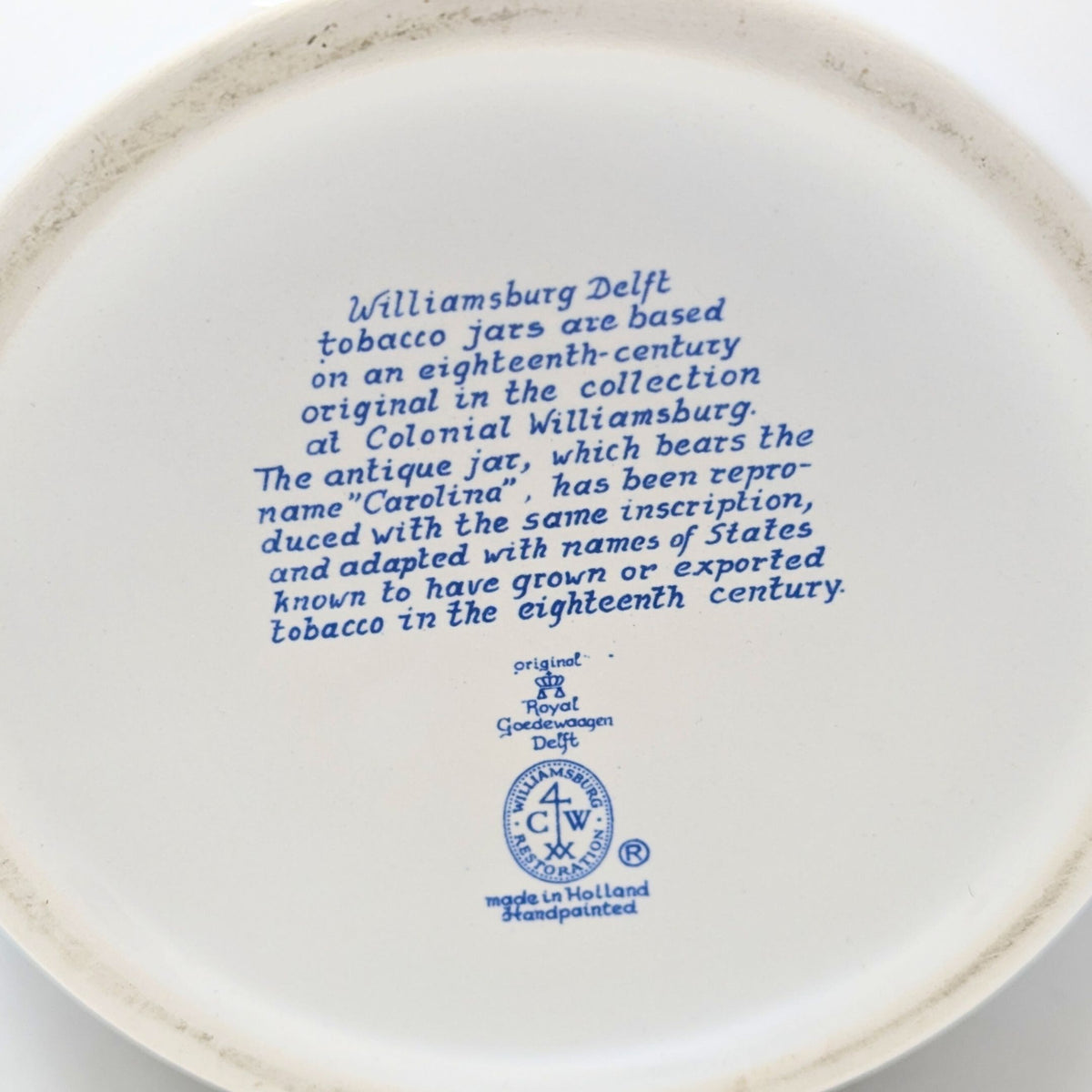 Royal Goedewaagen Delft 11” Colonial Williamsburg Virginia Tobacco Jar