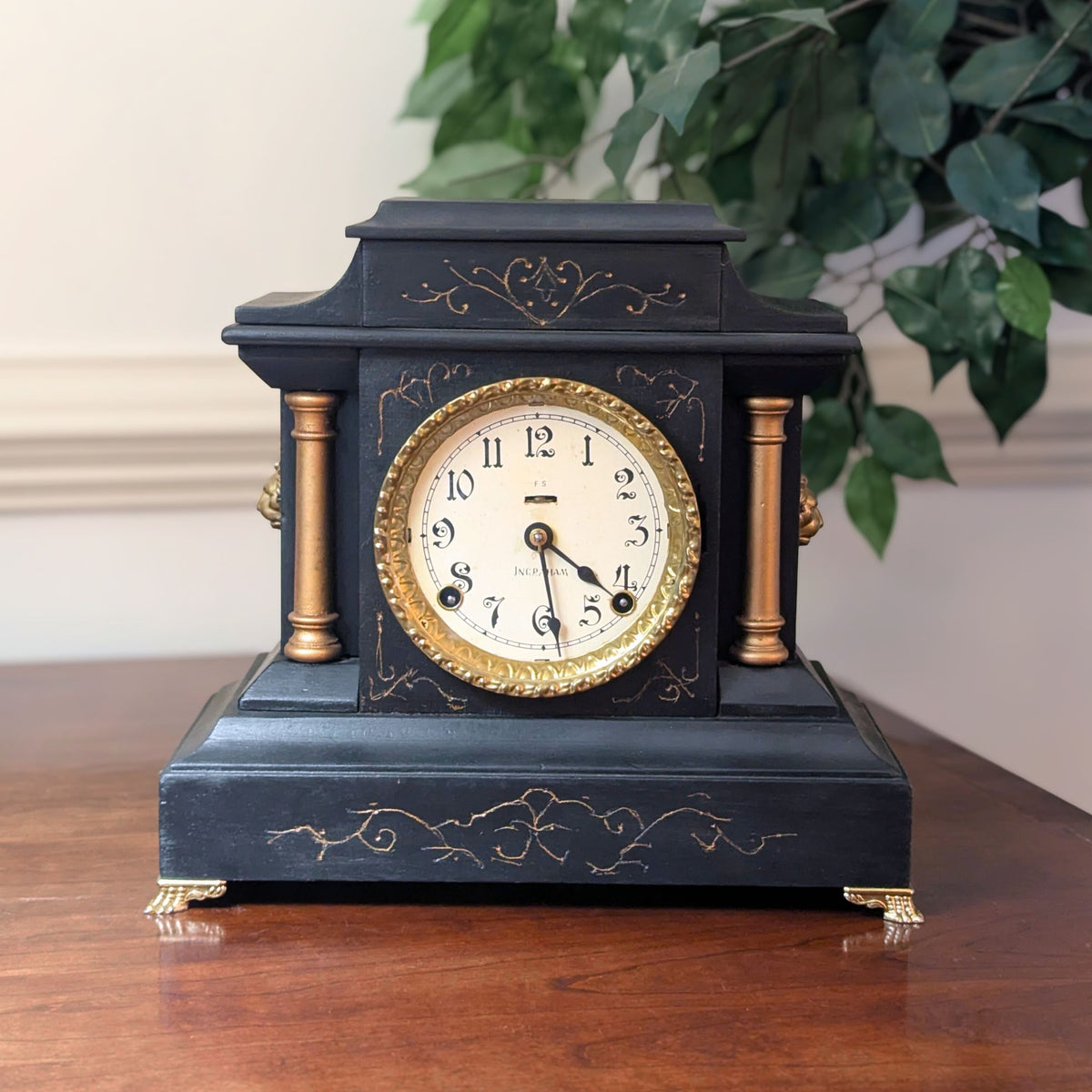 Ingraham 1880’s 8-Day Black Mantle Lion Theme Clock