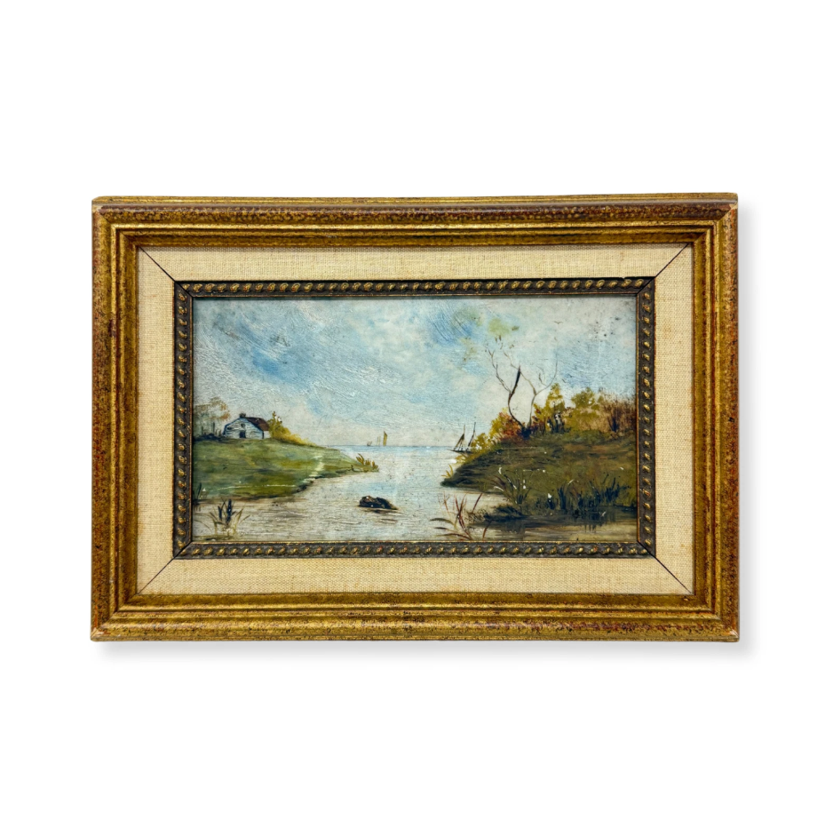 Antique 18th C. Landscape Oil on Stone Framed 8 x 11 Painting