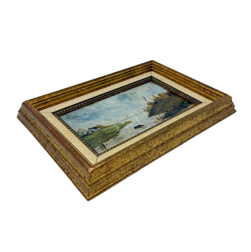 Antique 18th C. Landscape Oil on Stone Framed 8 x 11 Painting