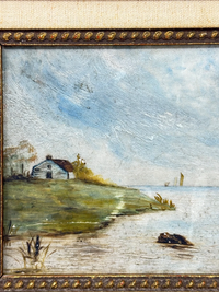 Antique 18th C. Landscape Oil on Stone Framed 8 x 11 Painting