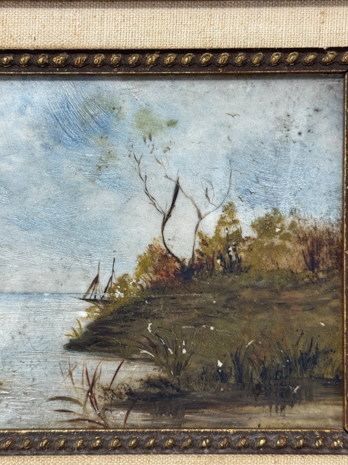 Antique 18th C. Landscape Oil on Stone Framed 8 x 11 Painting