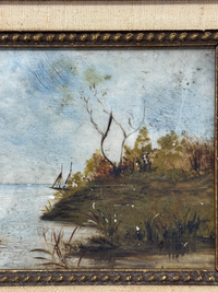 Antique 18th C. Landscape Oil on Stone Framed 8 x 11 Painting