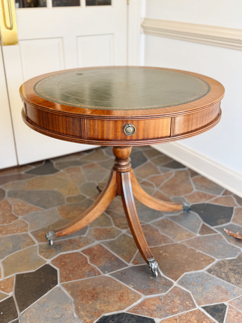 Vintage 36” Leather Top Drum Table