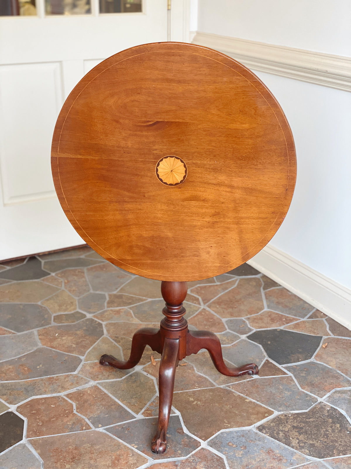 English Cherry Inlaid Tilt-Top Table