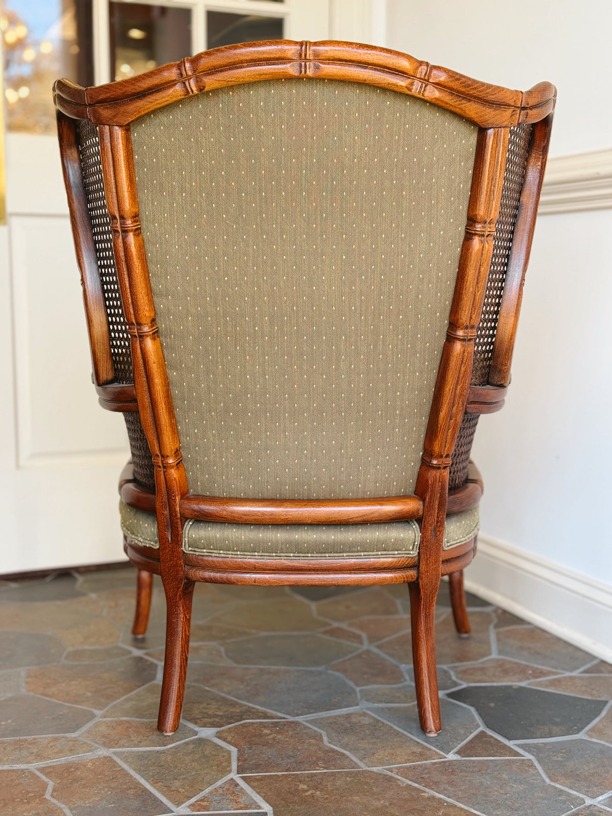 Ethan Allen Faux Bamboo Upholstered Armchair