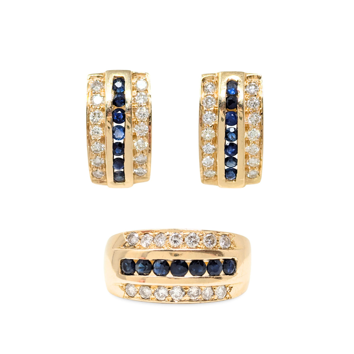 18K Gold Blue Sapphire & Diamond Ring & Earrings Set