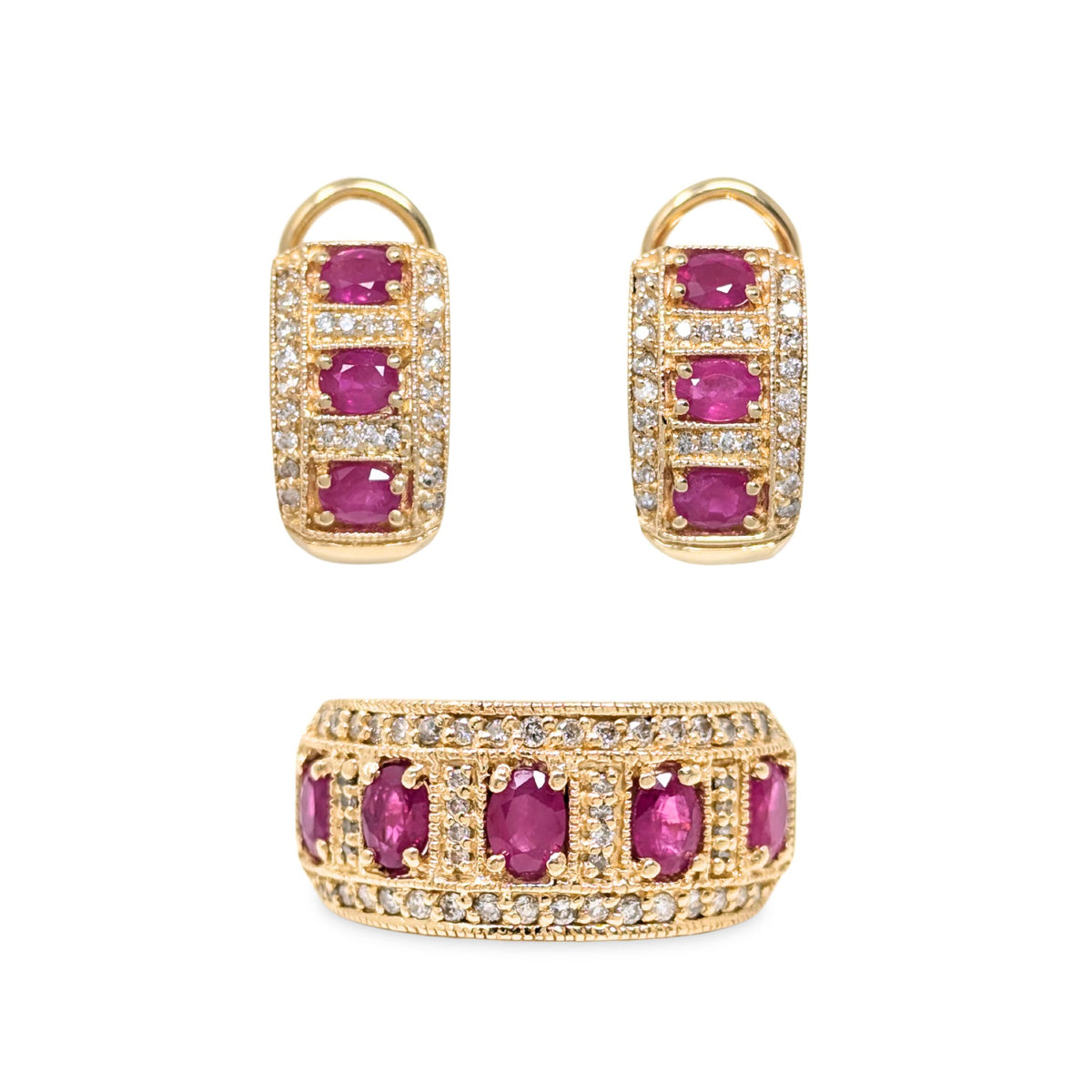 14K Gold Red Topaz & Diamond Ring & Earrings Set