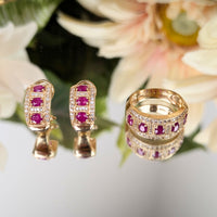 14K Gold Red Topaz & Diamond Ring & Earrings Set