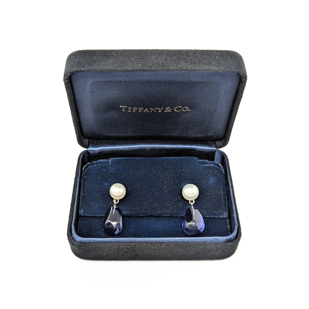 Tiffany & Co 18K White Gold, Pearl, & Iolite Drop Earrings